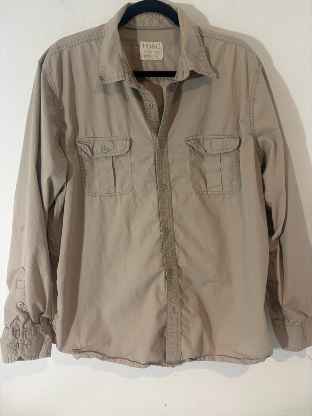 PD&C Men's XL Casual Button-Down Shirt Khaki Long Sleeve